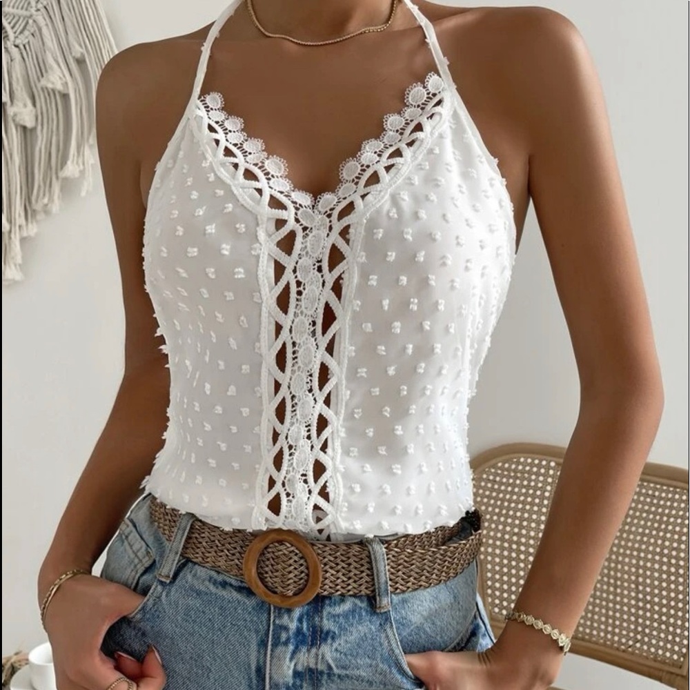 SHEIN Swiss dot lace insert tie backless white halter boho top . Size 8/10.